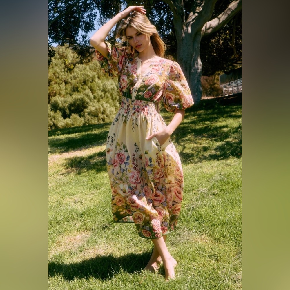 Floral Puff Sleeve Midi Dress - Picture 2 of 4